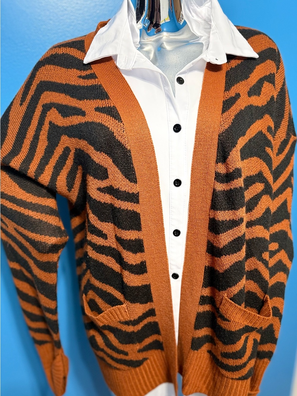 Women’s Tiger Brown & Black Stripe Open Cardigan Sweater XL
